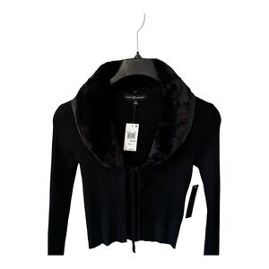NWT Juniors' Faux-Fur-Collar Tie-Front Cardigan Sweater Removable collar